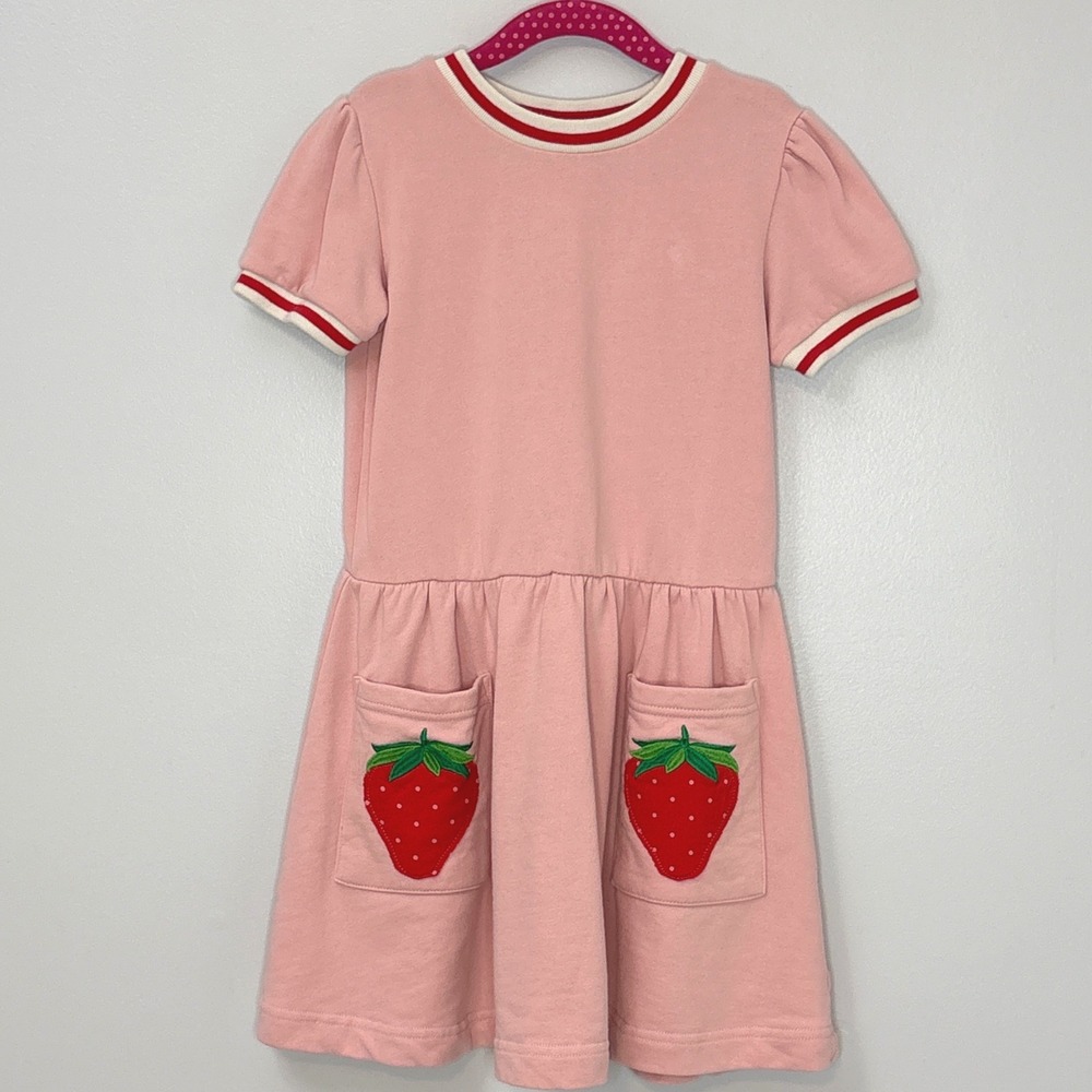 Mini Boden Girls Pink Strawberry Applique Pocket Dress 6-7Y